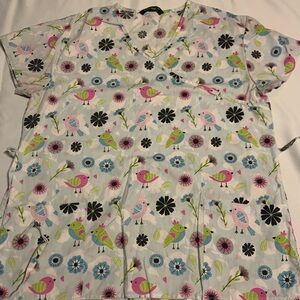 Bird Print Scrub Top in Pink, Green & Blue